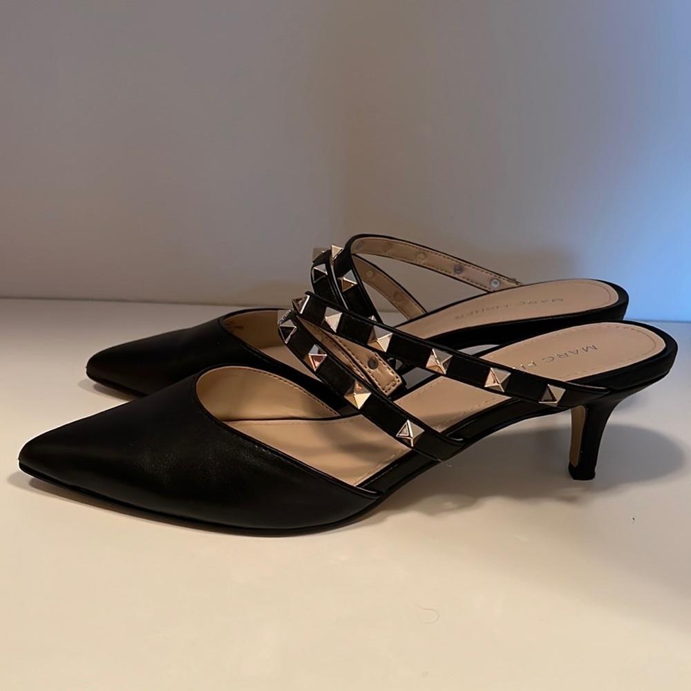 Marc Fisher studded black mule kitten heel 7.5 leather upper